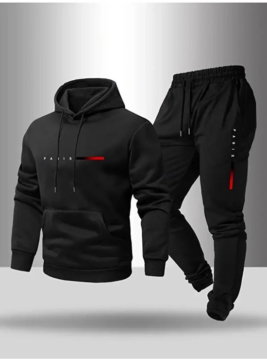 Survêtement Paris Zwart et rouge élégant pour homme – Set sweat à capuche et jogging confortables, Mode et Sport – 2XL-3XL