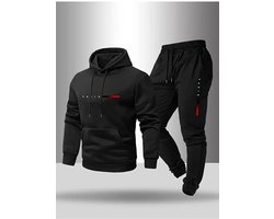 Stijlvolle Paris Zwart met rood Trainingspak voor Heren – Comfortabele Hoodie & Joggingbroek Set, Mode en Sport - L-XL