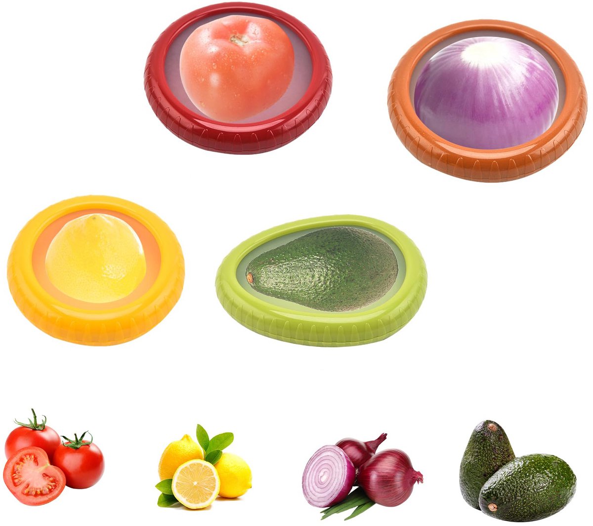 4-delige Groentebewaarbakjes voor in de koelkast - Multifunctionele siliconen voedselbewaarbakjes - Herbruikbaar - Houdt vers en draagbaar - Geschikt voor het bewaren van gehalveerde uien, citroenen, tomaten en avocado's - Bruin, geel, rood, groen