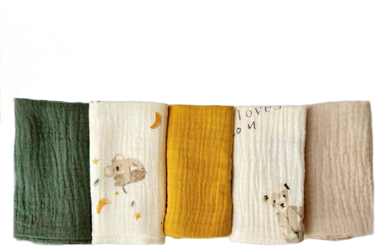 Image of 5-pack baby mousseline gezichtshanddoeken - pasgeboren handdoekset - 25 x 25 cm gezichts- en badhanddoeken - herbruikbare baby gezichtshanddoeken - 100% katoen - zacht en ademend - maat N