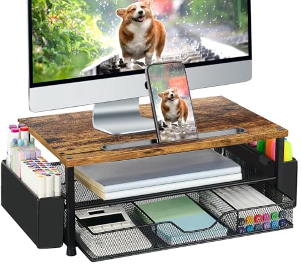 Ergonomische Monitorstandaard met Lade en Houder voor Tablet en Telefoon - Bureauorganisatie