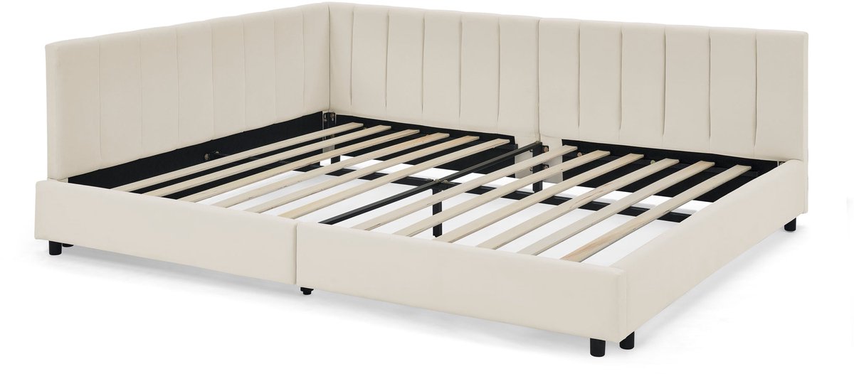 Merax Gestoffeerd Bed 160x200 cm met Hoge Rugleuning - Fluwelen Stof - Eucalyptus Hout en Metalen Frame - Stabiel en Comfortabel Tweepersoonsbed - Beige (Zonder Matras)