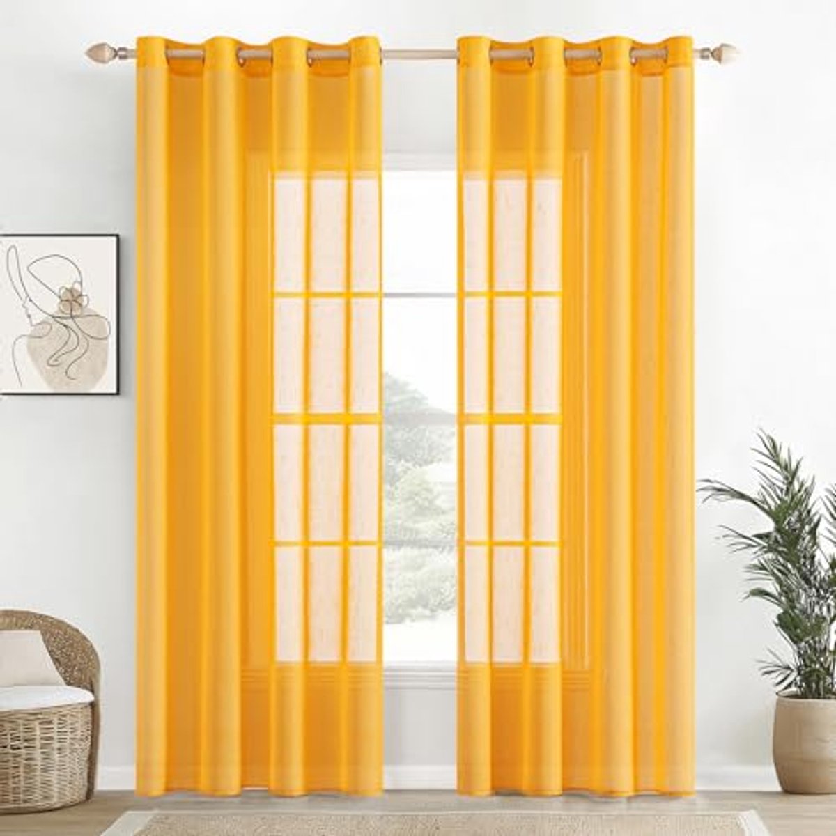 Transparante Linnen Voile Gordijnen set van 2 - Modern Design voor Woonkamer en Slaapkamer - 140 x 225 cm - Geel
