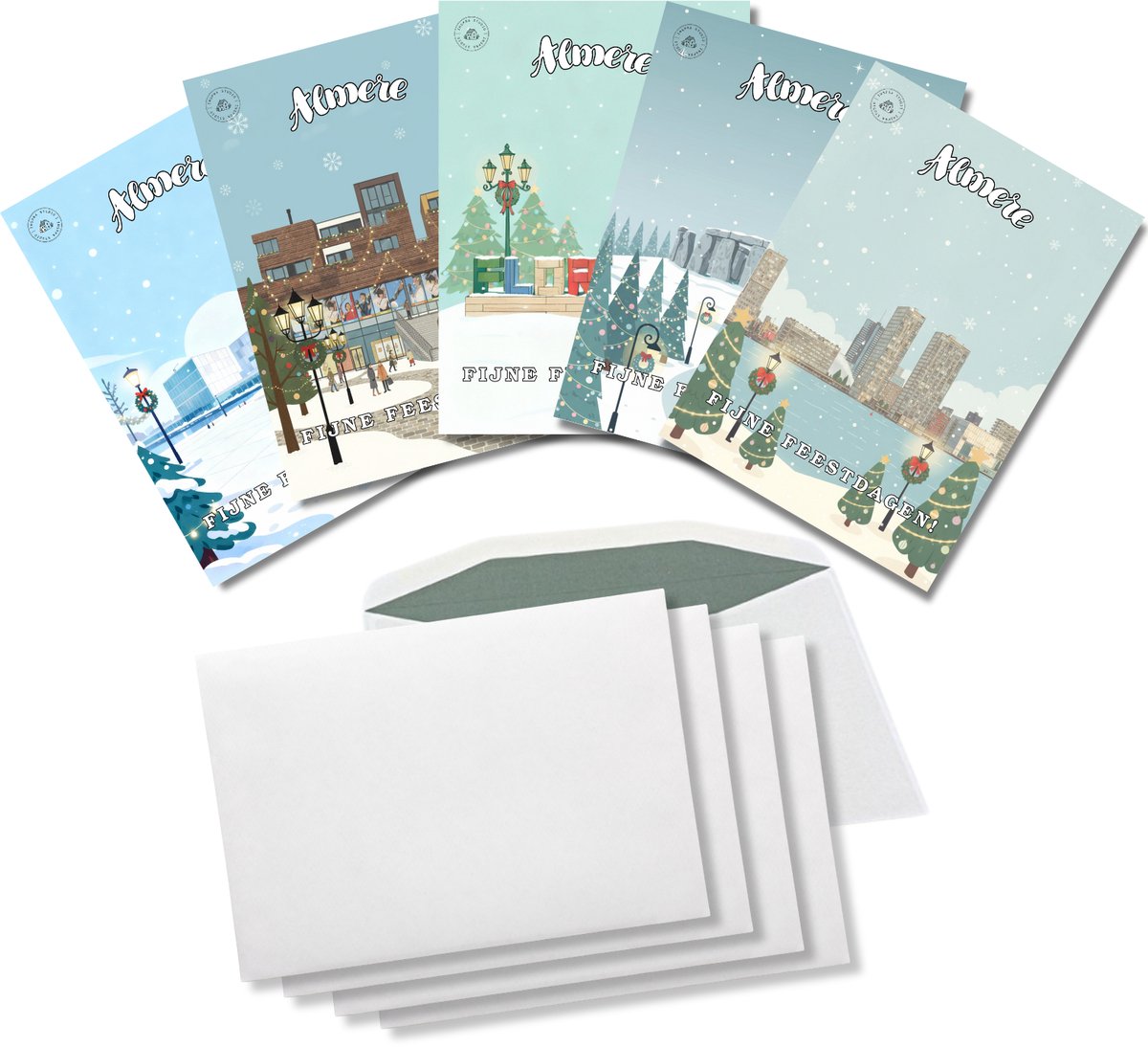 Inspra Studio – Luxe Kerstkaarten met Enveloppen – 5 Stuks – Almere Stad Wenskaarten – Artistieke Illustraties van Nederlandse Steden