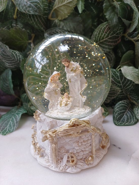 Boule à neige XXL Crèche Wit & Or – Joseph, Marie & Jésus – Ø10 cm – 14 cm de haut