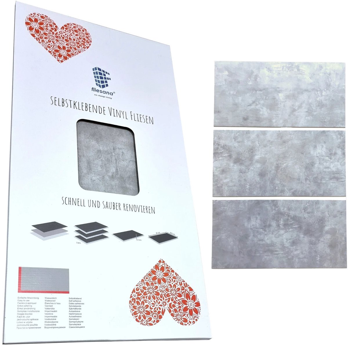 Fliesana 3LUNA - Zelfklevende wand- en vloertegels - set van 3 - waterbestendig - lichtgrijs betonpatroon