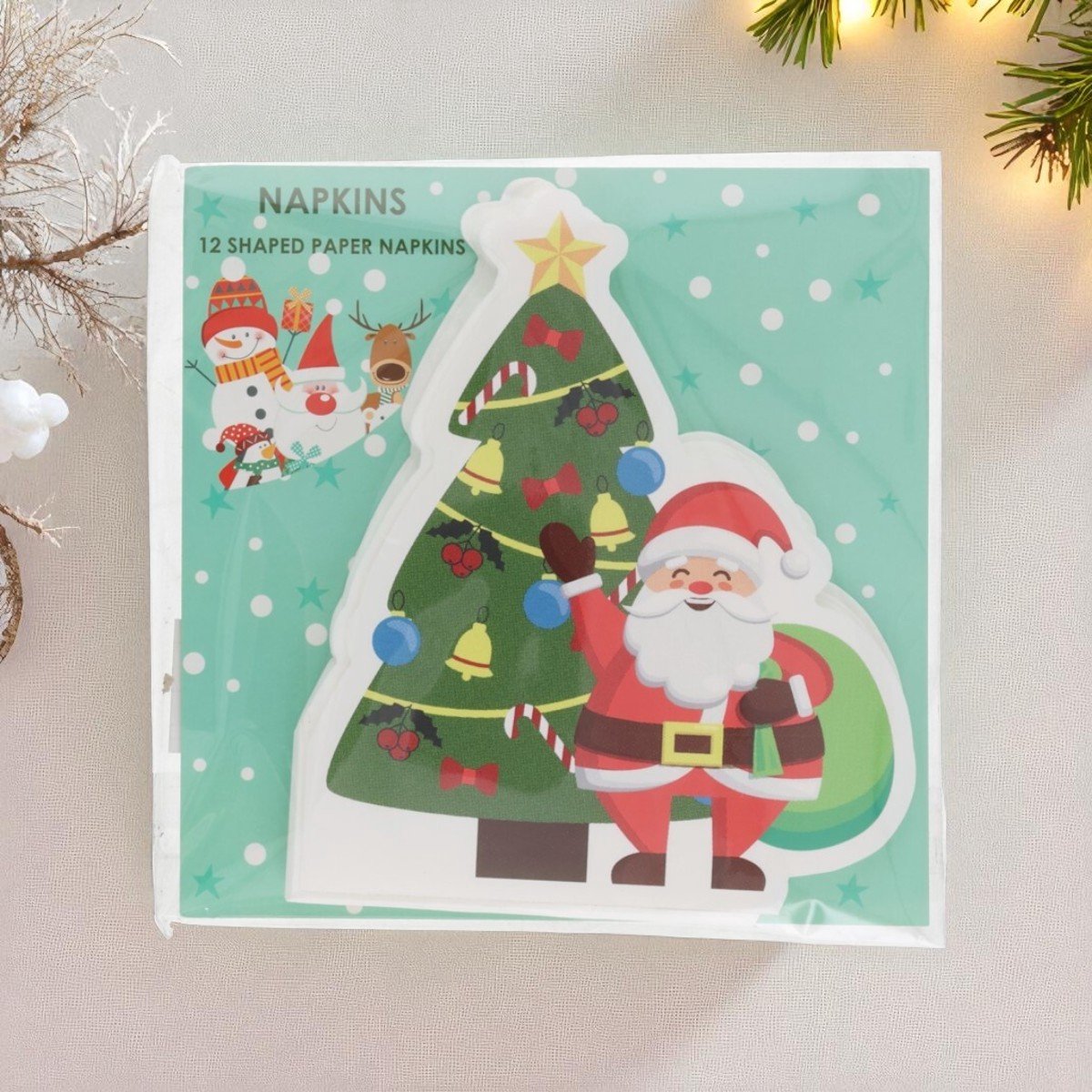 Image of 5-Pack papieren servetten kerstboom met kerstman – wegwerpbaar & feestelijk