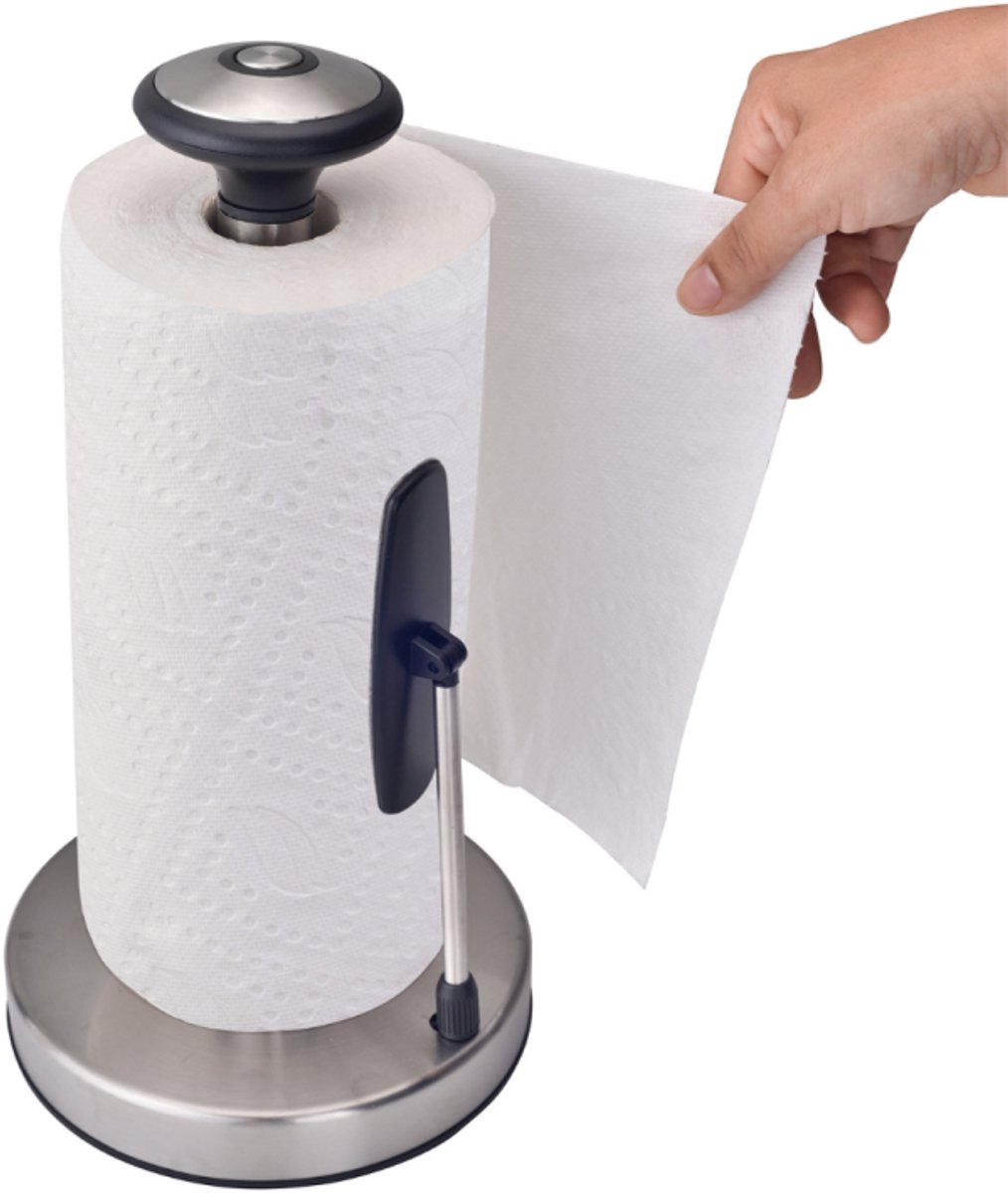 KING HOFF Stalen Keukenrolhouder - RVS Zilver - Keukenaccessoire met Drukarm - KH-1955 - Keukenpapier houder