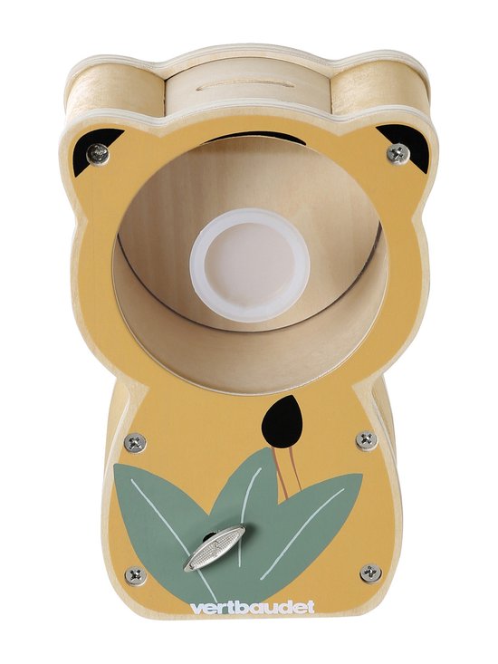 Houten spaarpot met een berengezicht in geel met een muziekmechanisme en bladeren.