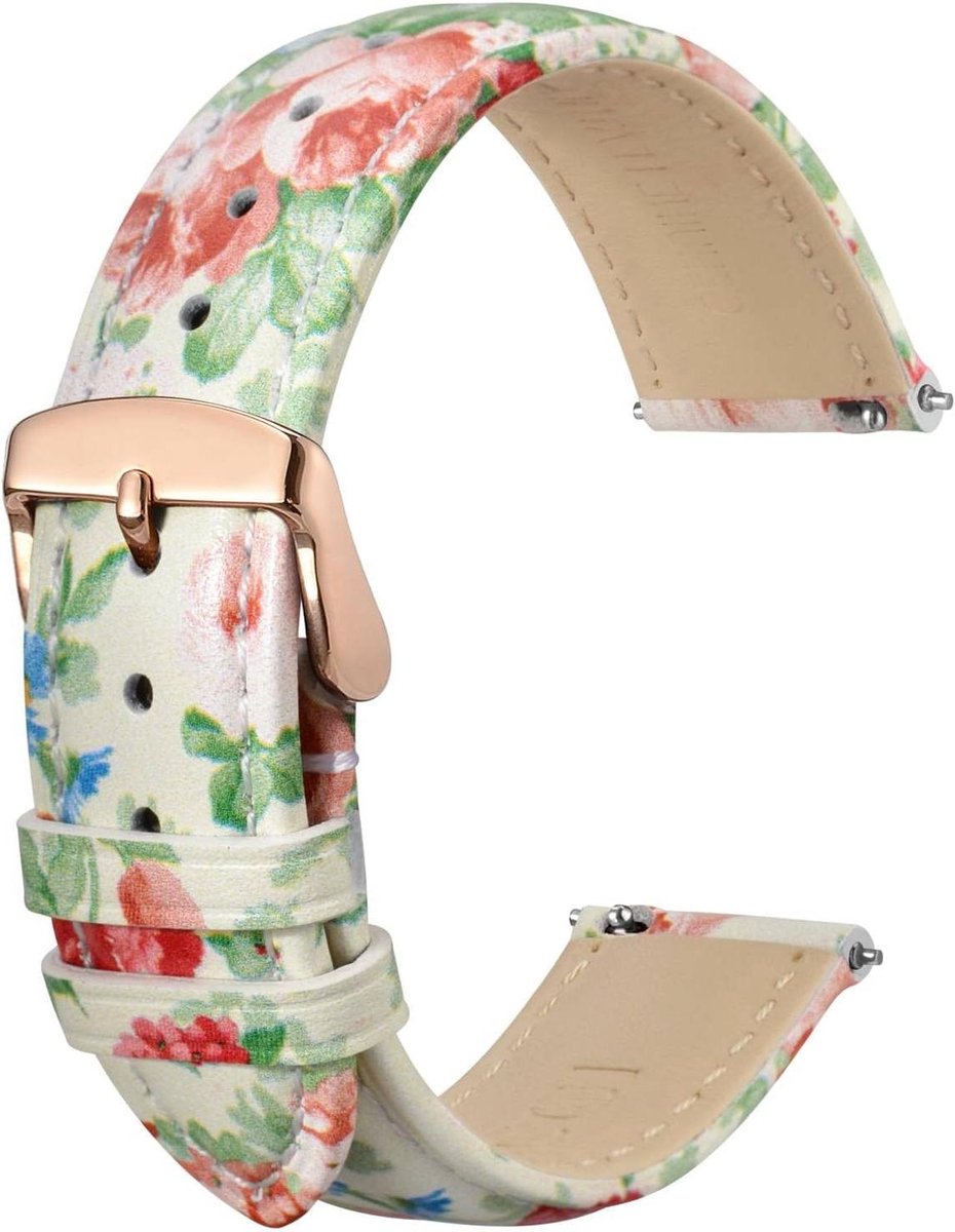 20mm Bloem Horlogeband Vrouwen Leer Snelsluiting Roségouden Gesp Wit Tuin Moderne Stijlvol Trendy