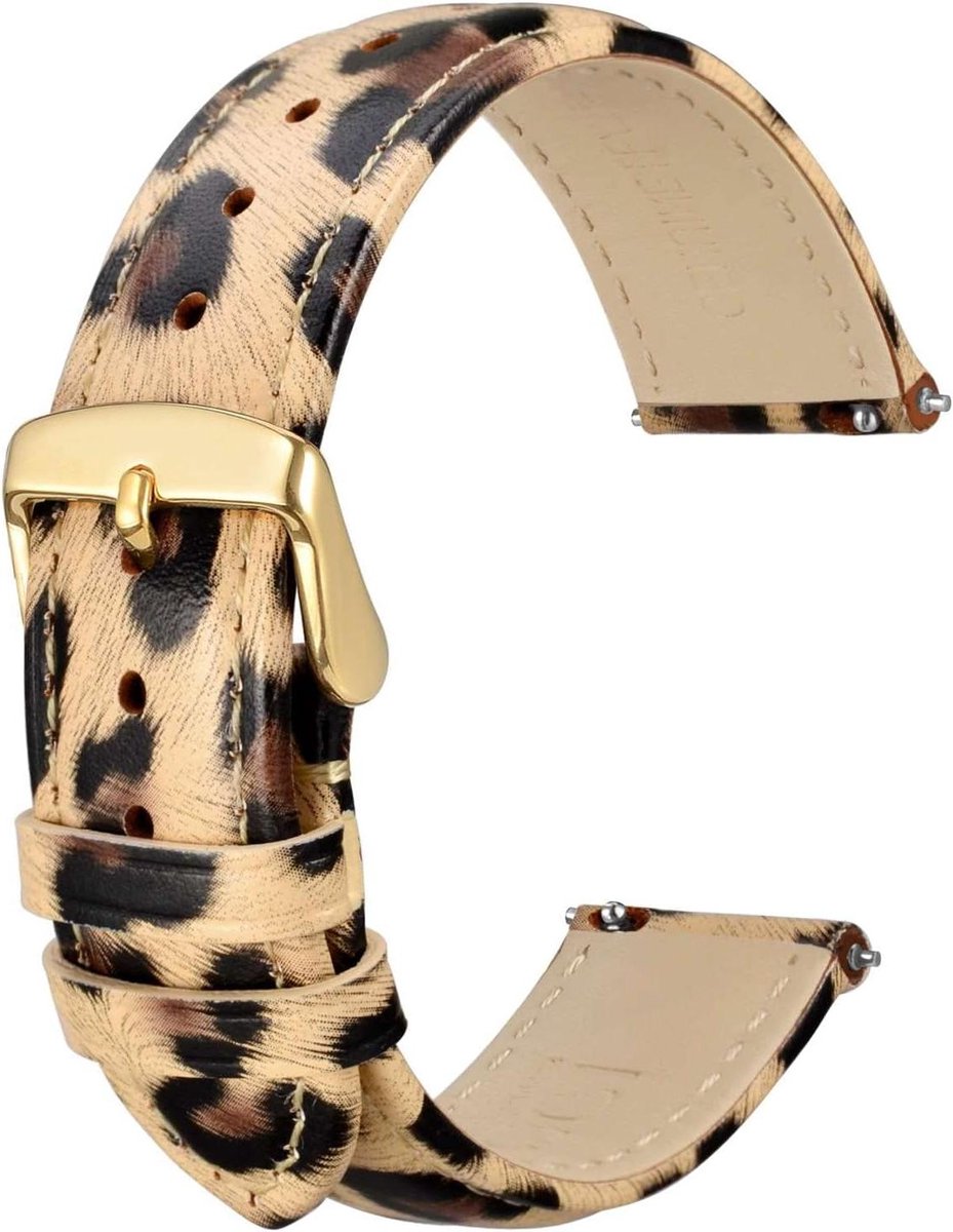 18mm Bloem Horlogeband Dames Echt Leer Snelsluiting Gouden Gesp Luipaardprint Waterbestendig