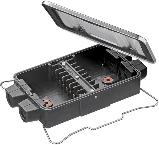 Zwarte kabelverbindingsdoos met open deksel, metalen frame en klemmen.
