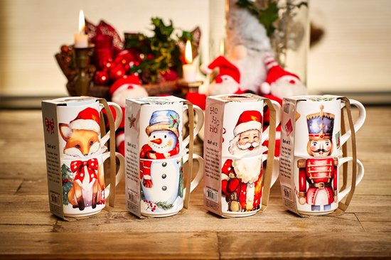 Tasses de Noël en porcelaine – 265 ml – Set de 2 – 4 imprimés différents – Emballage cadeau festif