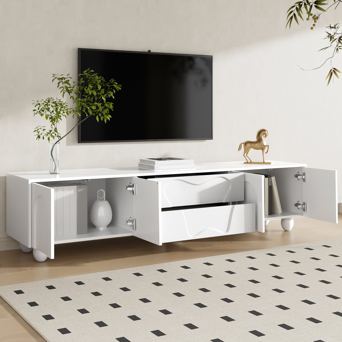 Merax TV-meubel 180 x 40 x 42 cm - met houten poten - minimalistisch elegant - met opbergruimte - wit
