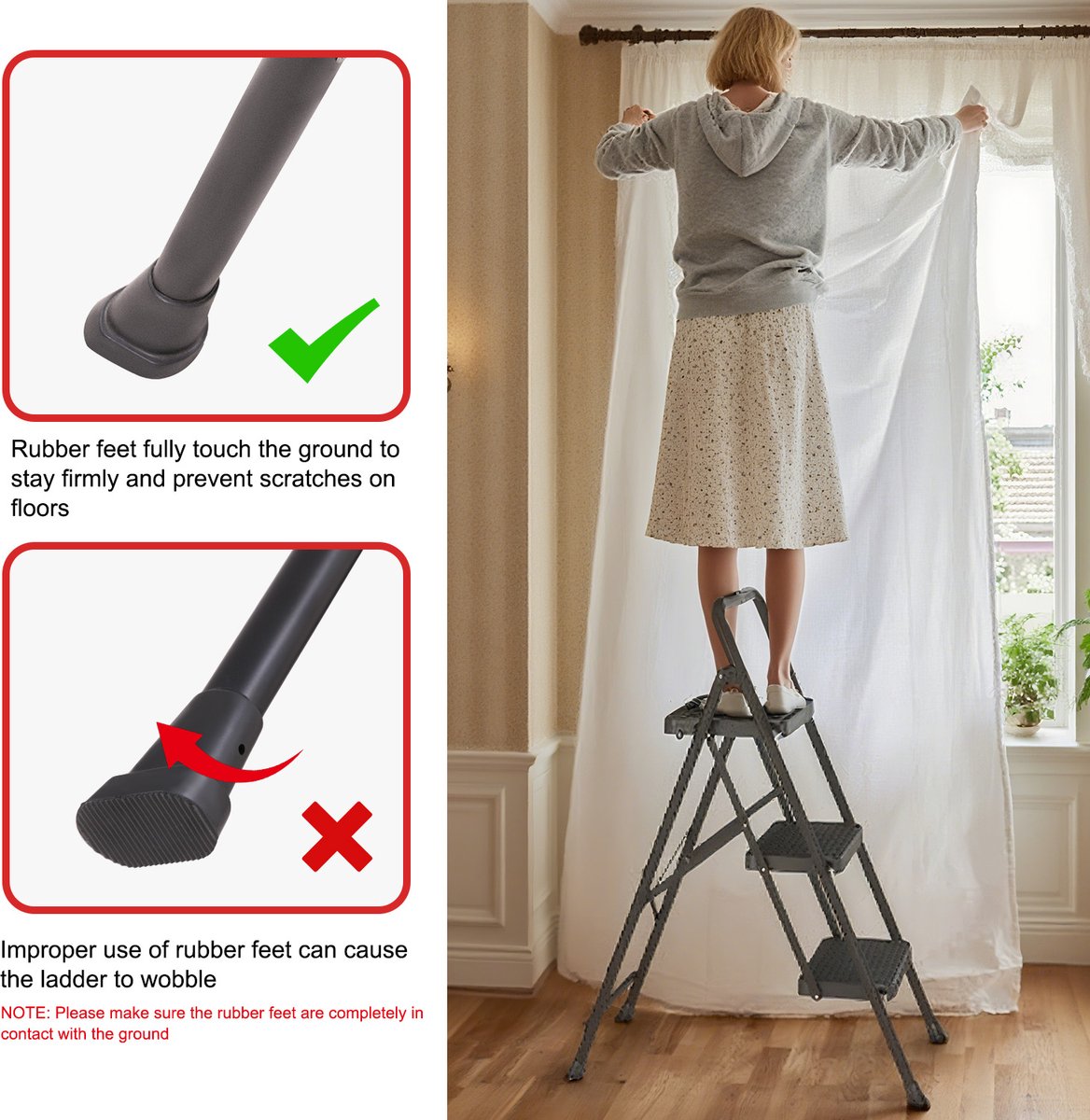 OUTIGO Stevige Metalen Huishoudtrap 3 Treden - Inklapbaar Trapladder met Anti-Slip - Draagvermogen Tot 150 kg, Ideaal voor Keuken & Huisraad – foto 7