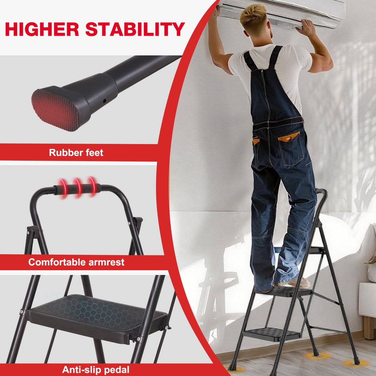 OUTIGO Stevige Metalen Huishoudtrap 3 Treden - Inklapbaar Trapladder met Anti-Slip - Draagvermogen Tot 150 kg, Ideaal voor Keuken & Huisraad – foto 2