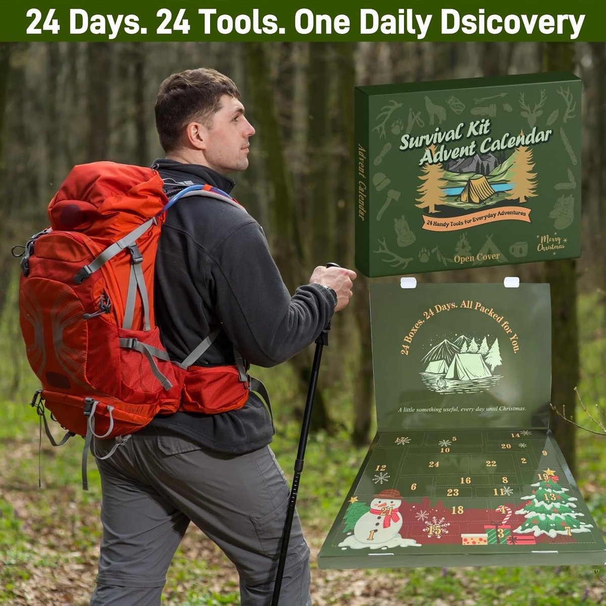 Adventskalender voor mannen, tieners, jongens, survivalkit, kerstkalender, Kerstmis, gereedschap voor mannen, cadeau, survivaltools (B