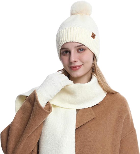 Gebreide muts en handschoenen voor kinderen, 3-in-1, warme beanie met oorsjaal, warme sjaal, touchscreen-handschoenen voor kinderen, meisjes van 4-10 jaar, Rose2, One size