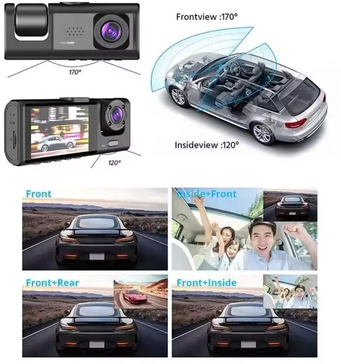 Dashcam 3-in-1 Lens, HD 1080P – Voor, Achter & Binnen Camera – Nachtzicht, G-Sensor, Parkeerbewaking, Loop Recording – Universele Car DVR Video Recorder – foto 2