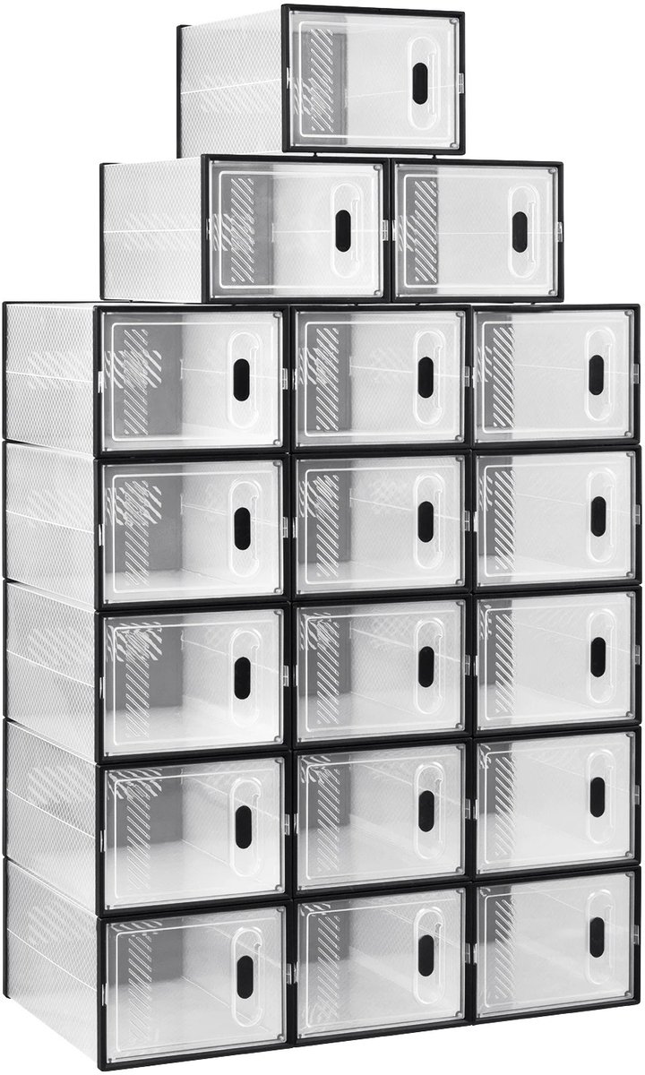 Set van 18 Sneakerboxen - Sneakerbox Organizer - Schoenendozen – Transparante Magnetische Deur – Stapelbare Opbergboxen & Organizers – 35x25x19 cm – Zwart