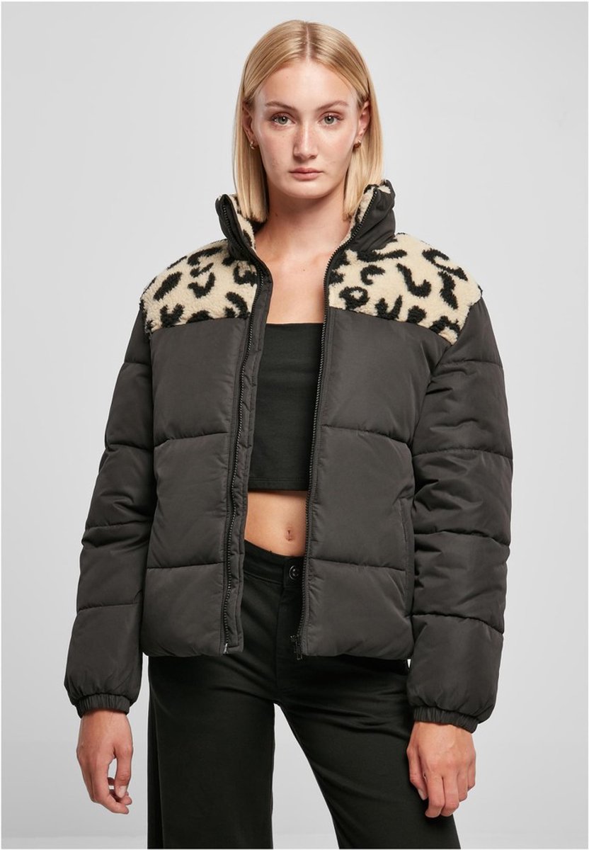 Urban Classics Ladies AOP Sherpa Mixed Gewatteerd jack XXL Zwart