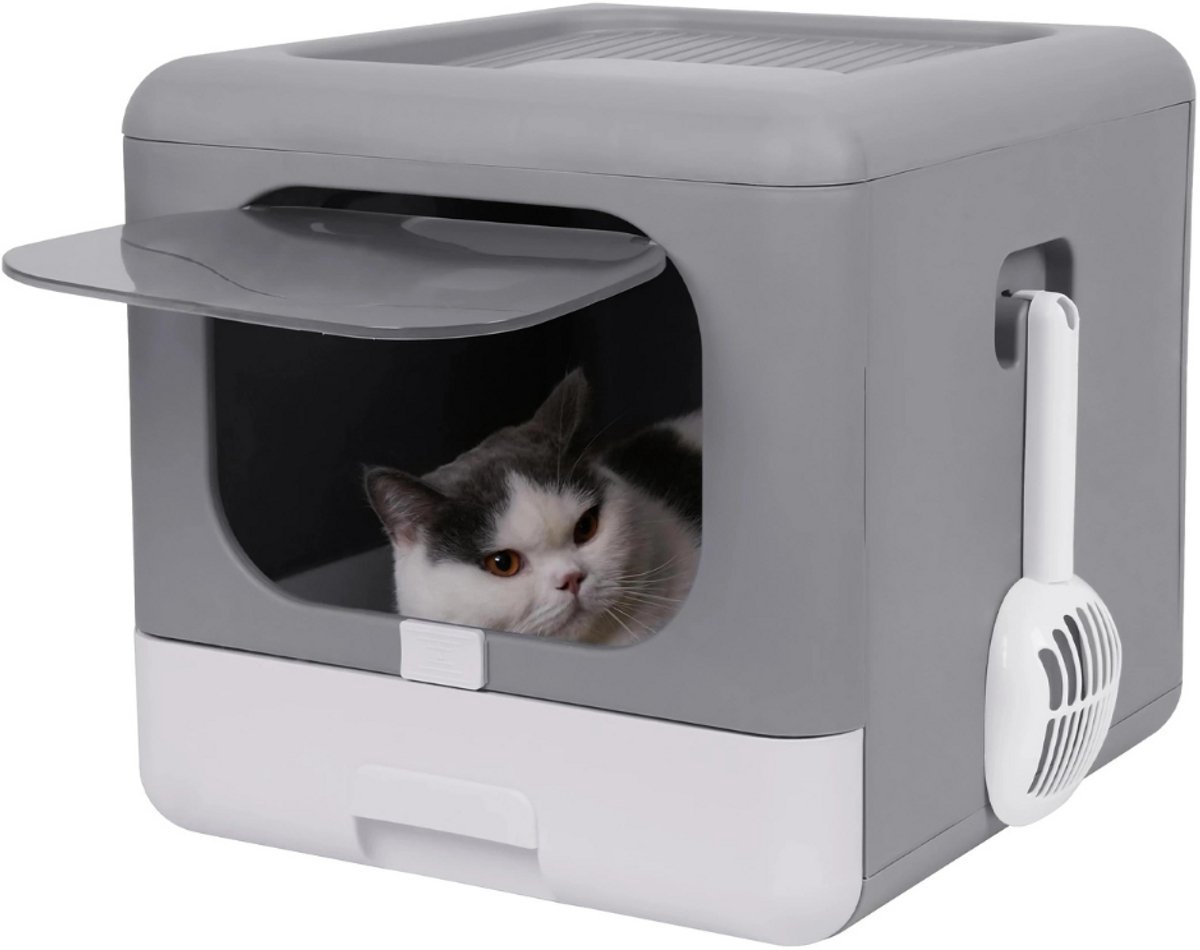 Fubzz Kattenbak met Lade en Schepje – Gesloten & Opvouwbaar Katten Toilet – Voor Kittens tot 6kg – Top & Voor Ingang – Geurfilter – Grijs/Wit