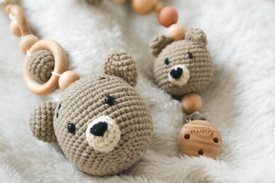 baby speenkoord set beer - babyspeelgoed - wagenspanner - maxi cosi hanger - babyshower cadeau- kraamcadeau - teddy wagenspanner - Kersvers — afbeelding 2