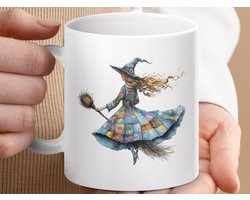 Mok, Vliegende Heks met Patchwork Jurk, Koffie Mok, Magische Mok, Heks Mok, Herfst Cadeau, Halloween Mok, Nieuwigheid Mok, Keramische Mok