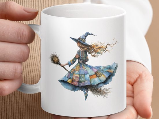Mok, Vliegende Heks met Patchwork Jurk, Koffie Mok, Magische Mok, Heks Mok, Herfst Cadeau, Halloween Mok, Nieuwigheid Mok, Keramische Mok