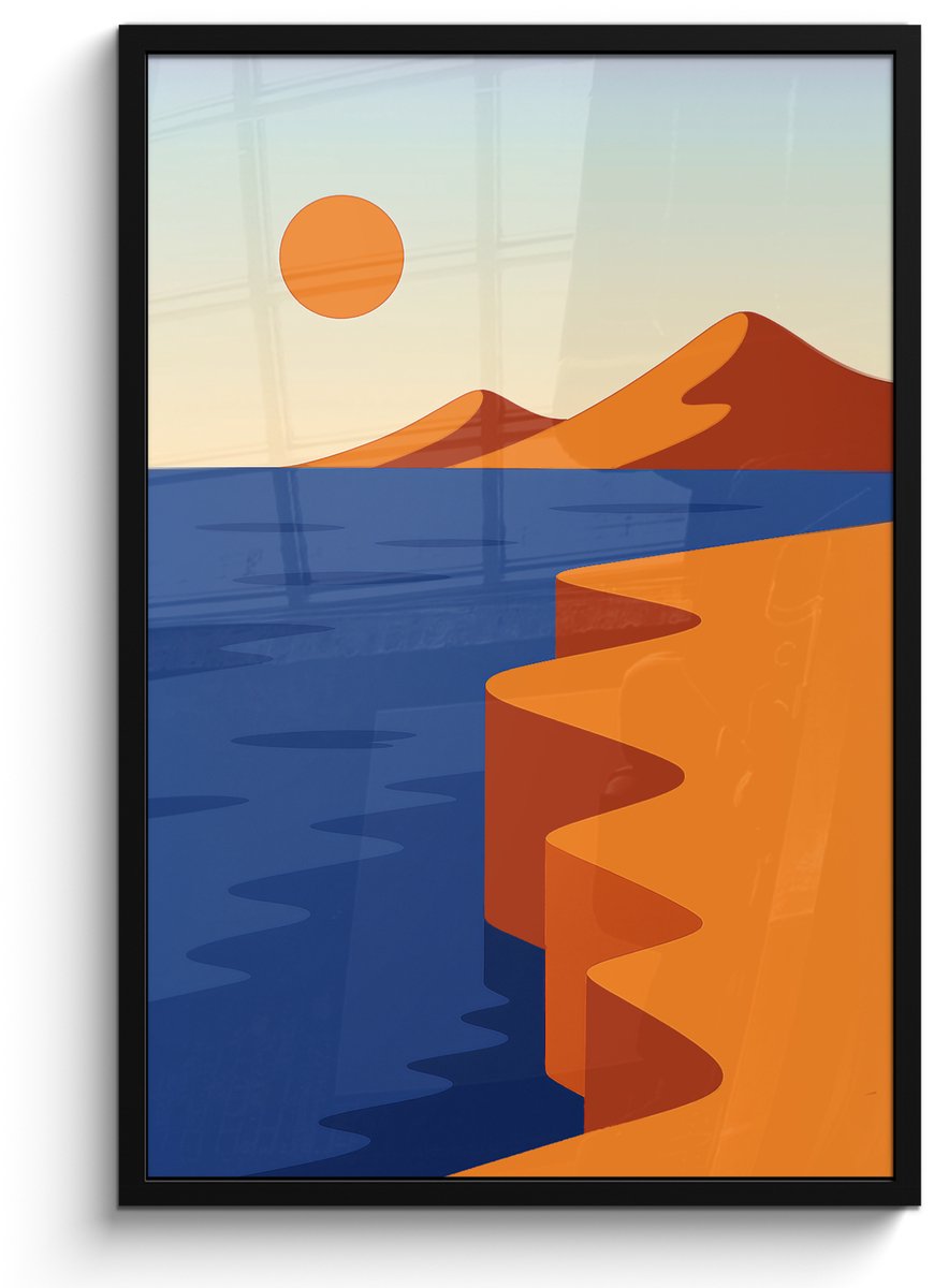 FrameYourWall Poster in lijst - Fotolijst 60x90 cm - Posters - Landschap - Bergen - Zon - Zee - Posterlijst zwart - Decoratie - Wanddecoratie woonkamer - Muurdecoratie slaapkamer Landschap - Zee - Zon