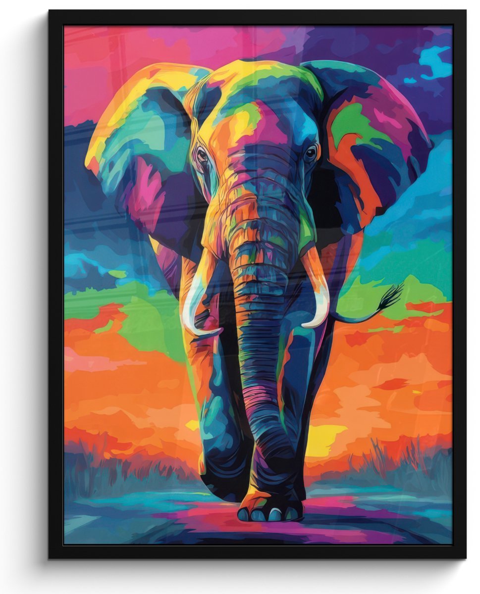 FrameYourWall Poster in lijst - Fotolijst 60x80 cm - Posters - Olifant - Kleurrijk - Lucht - Abstract - Posterlijst zwart - Decoratie - Wanddecoratie woonkamer - Muurdecoratie slaapkamer