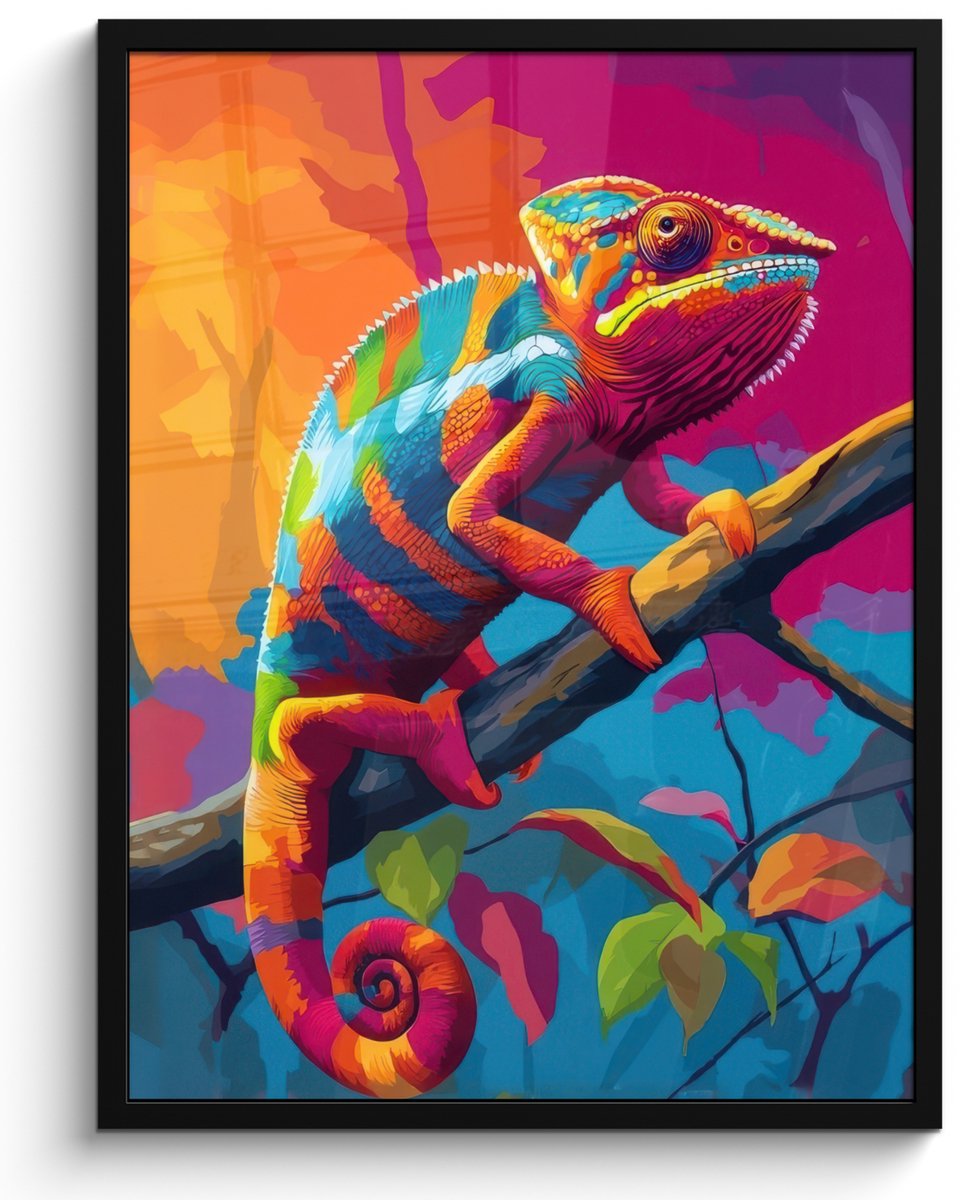 FrameYourWall Poster in lijst - Fotolijst 60x80 cm - Posters - Kameleon - Tak - Gestreept - Bladeren - Posterlijst zwart - Decoratie - Wanddecoratie woonkamer - Muurdecoratie slaapkamer Kameleon - Kleurrijk