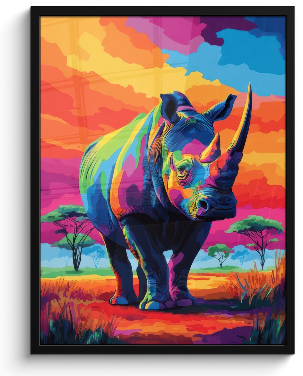 FrameYourWall Poster in lijst - Fotolijst 60x80 cm - Posters - Neushoorn - Zonsondergang - Savanna - Kleurrijk - Posterlijst zwart - Decoratie - Wanddecoratie woonkamer - Muurdecoratie slaapkamer Neushoorn - Kleurrijk