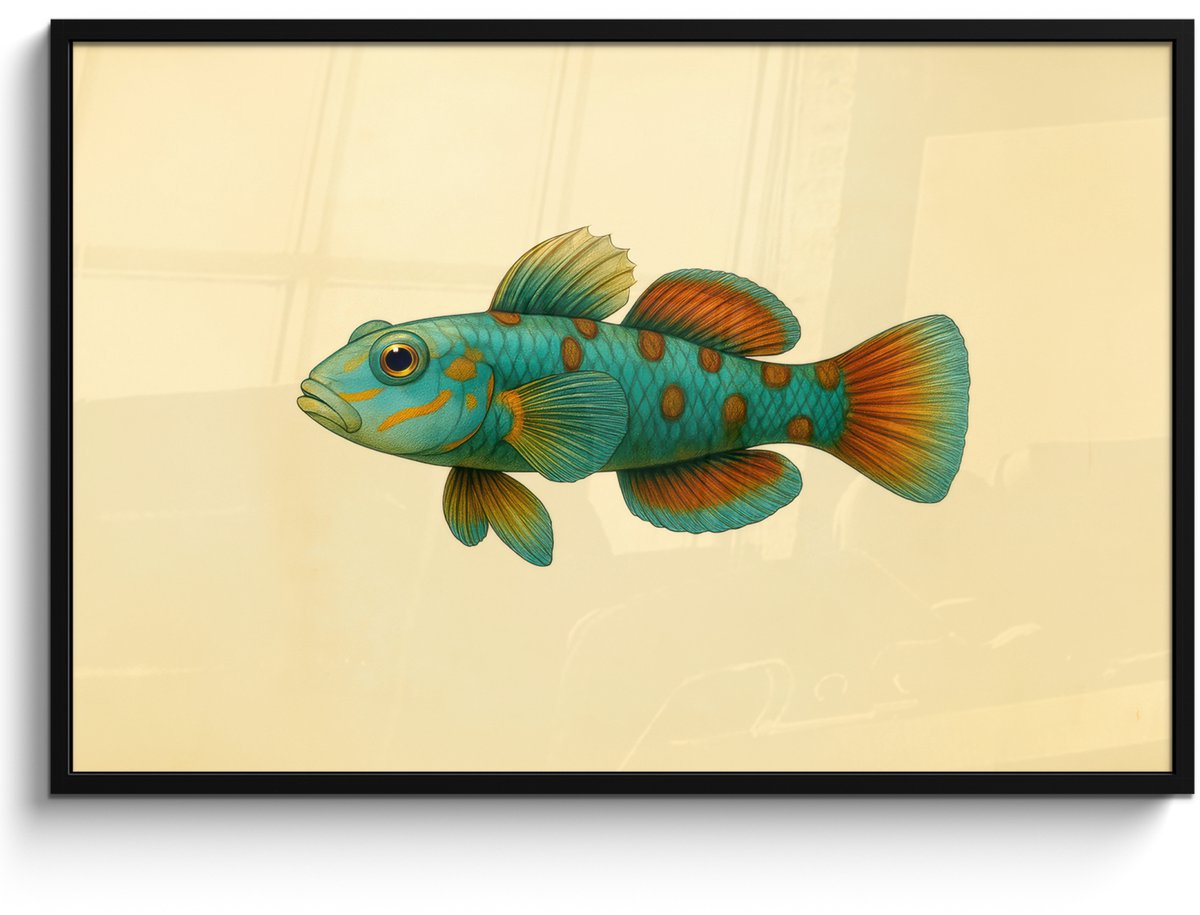 FrameYourWall Poster in lijst - Fotolijst 120x80 cm - Posters - Vis - Blauw - Stippen - Schubben - Posterlijst zwart - Decoratie - Wanddecoratie woonkamer - Muurdecoratie slaapkamer Vis - Stippen