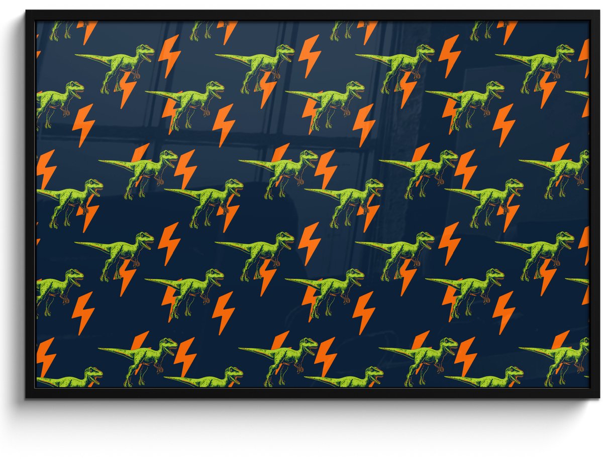 FrameYourWall Poster in lijst - Fotolijst 120x80 cm - Posters - Bliksemschichten - Oranje - Dinosaurussen - Posterlijst zwart - Decoratie - Wanddecoratie woonkamer - Muurdecoratie slaapkamer