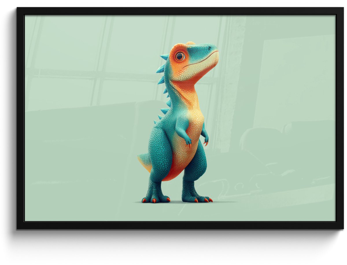 FrameYourWall Poster in lijst - Fotolijst 90x60 cm - Posters - Cartoon - Dino - Oranje - Stekels - Posterlijst zwart - Decoratie - Wanddecoratie woonkamer - Muurdecoratie slaapkamer