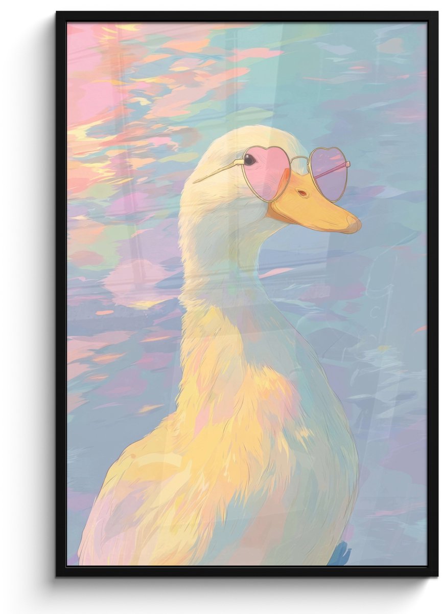 FrameYourWall Poster in lijst - Fotolijst 80x120 cm - Posters - Eend - Zonnebril - Water - Posterlijst zwart - Decoratie - Wanddecoratie woonkamer - Muurdecoratie slaapkamer