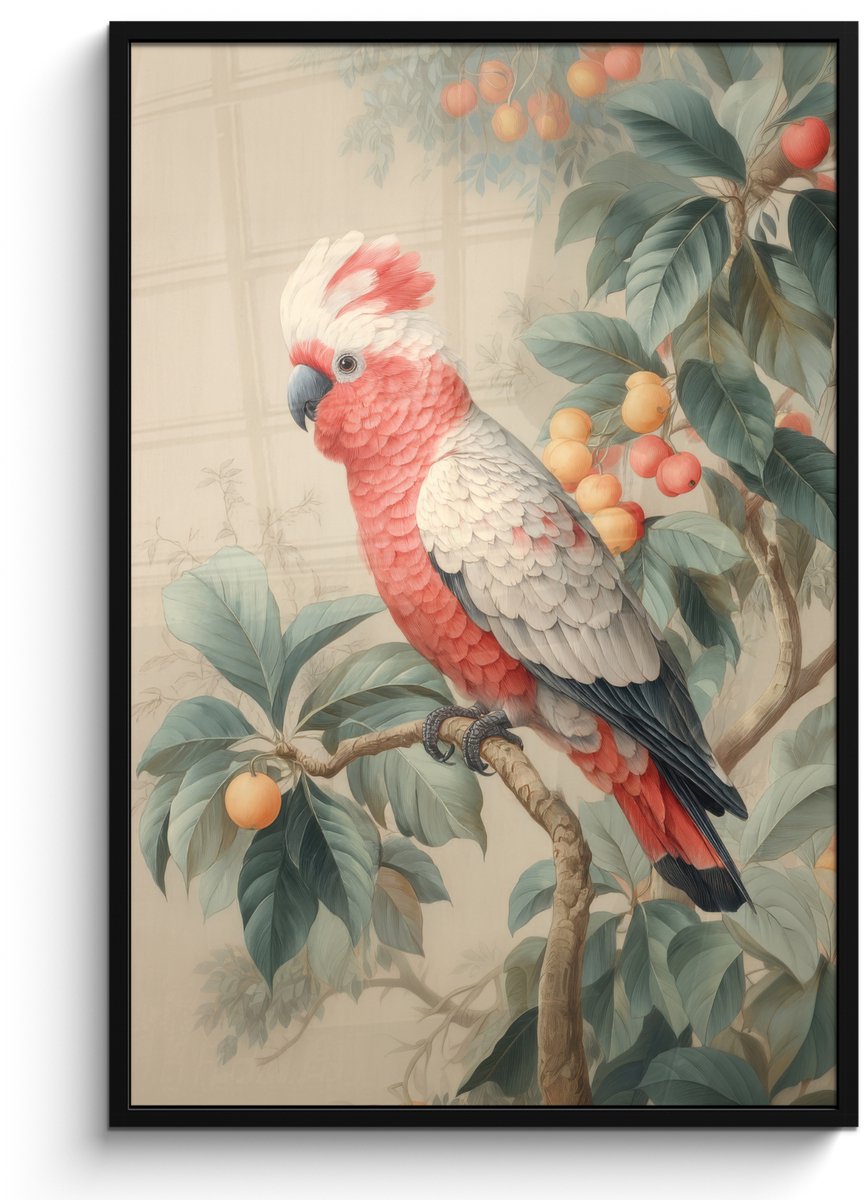 FrameYourWall Poster in lijst - Fotolijst 80x120 cm - Posters - Roze kuifkaketoe - Tak met vruchten - Bladeren - Posterlijst zwart - Decoratie - Wanddecoratie woonkamer - Muurdecoratie slaapkamer Kuifkaketoe - Tak - Vruchten