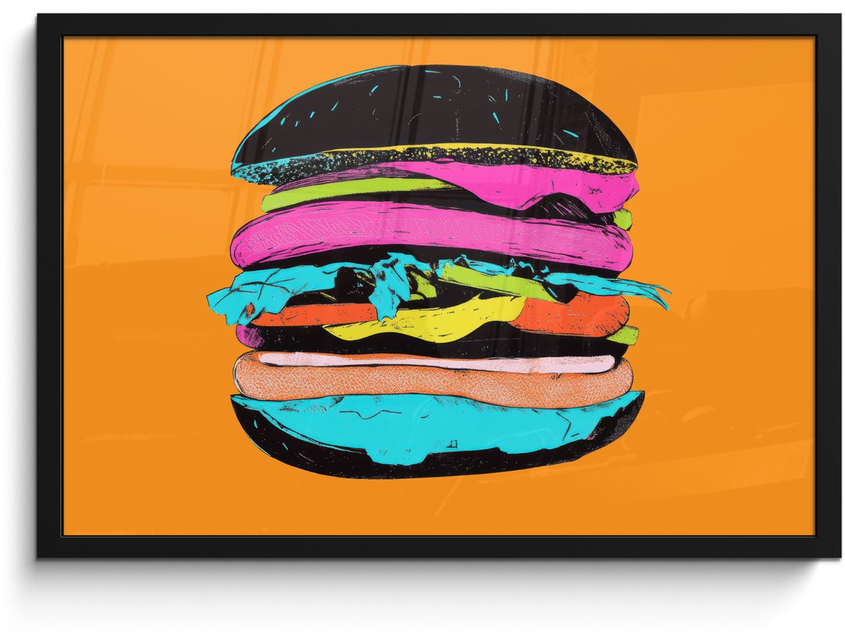 FrameYourWall Poster in lijst - Fotolijst 60x40 cm - Posters - Hamburger - Kleurrijk - Speels - Posterlijst zwart - Decoratie - Wanddecoratie woonkamer - Muurdecoratie slaapkamer