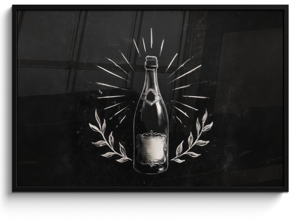 FrameYourWall Poster in lijst - Fotolijst 120x80 cm - Posters - Champagnefles - Lauriertakken - Zwarte achtergrond - Posterlijst zwart - Decoratie - Wanddecoratie woonkamer - Muurdecoratie slaapkamer