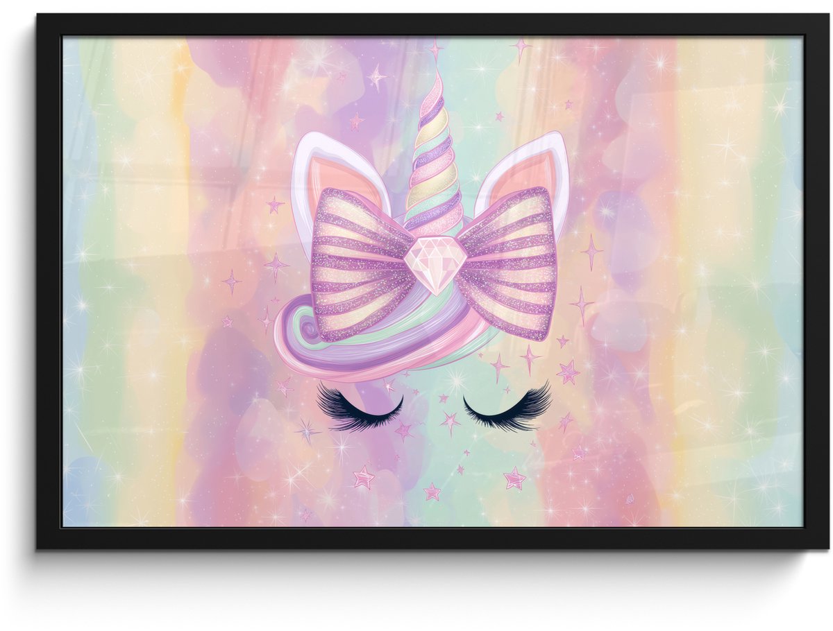 FrameYourWall Poster in lijst - Fotolijst 60x40 cm - Posters - Eenhoorn - Glitters - Regenboog - Pastel - Posterlijst zwart - Decoratie - Wanddecoratie woonkamer - Muurdecoratie slaapkamer