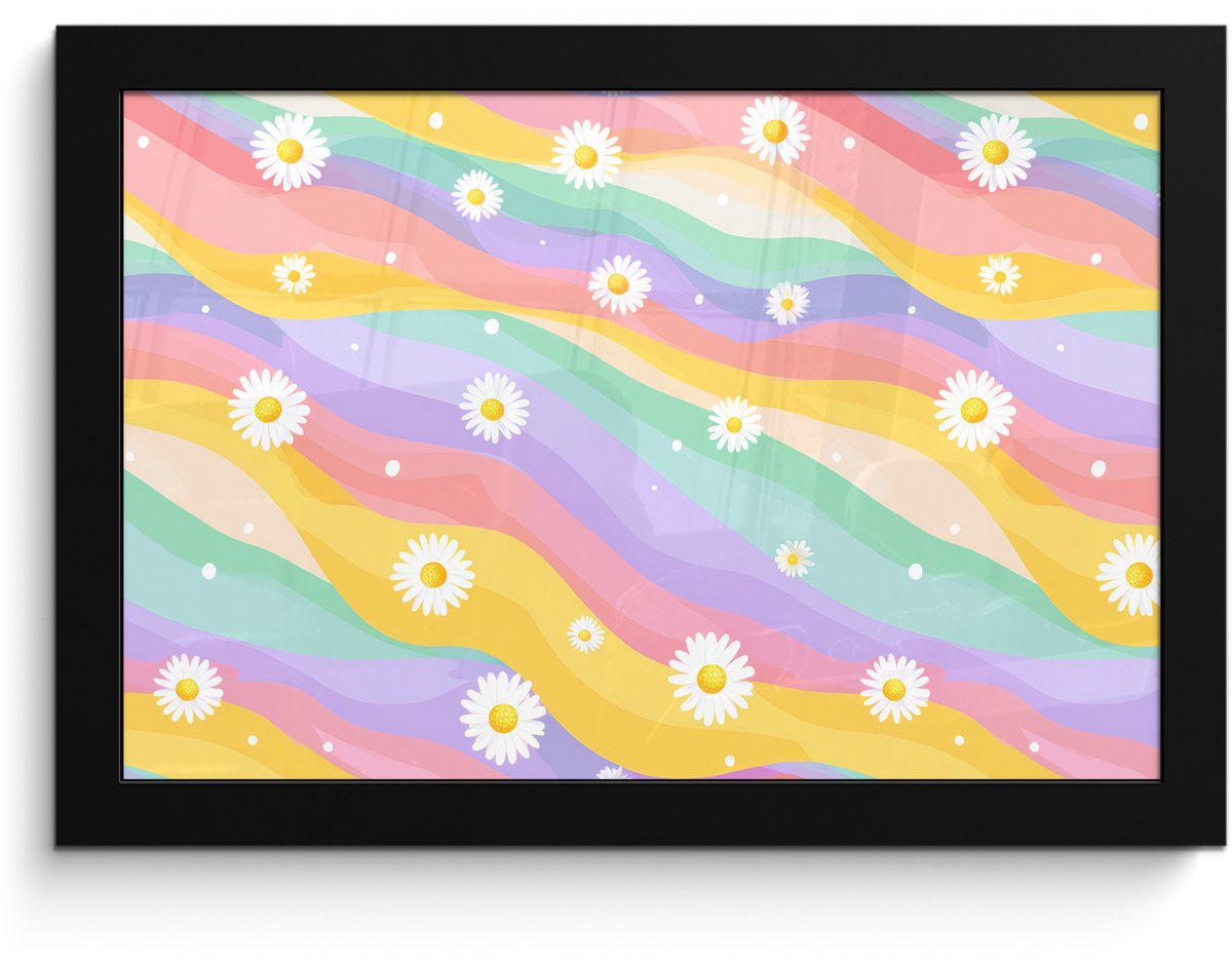 FrameYourWall Poster in lijst - Fotolijst 30x20 cm - Posters - Madeliefjes - Kleurrijk - Pastel - Vrolijk - Posterlijst zwart - Decoratie - Wanddecoratie woonkamer - Muurdecoratie slaapkamer