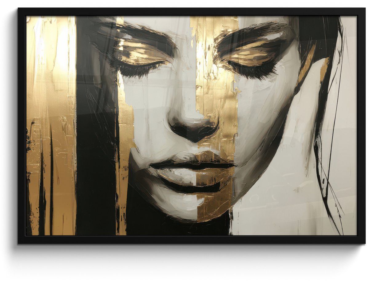 FrameYourWall Poster in lijst - Fotolijst 90x60 cm - Posters - Ogen - Gezicht - Goud - Strepen - Posterlijst zwart - Decoratie - Wanddecoratie woonkamer - Muurdecoratie slaapkamer