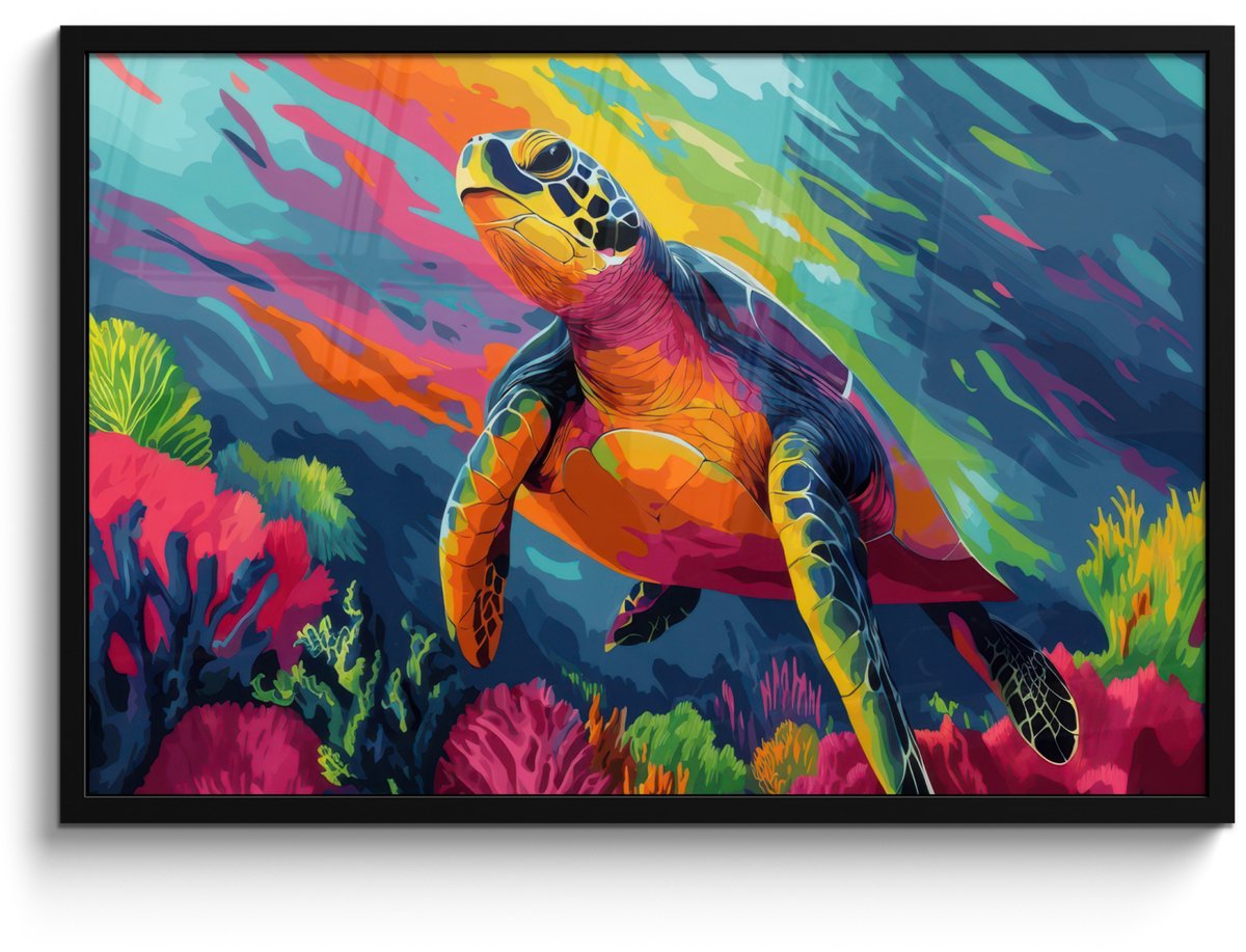 FrameYourWall Poster in lijst - Fotolijst 90x60 cm - Posters - Koraal - Schildpad - Abstract - Water - Posterlijst zwart - Decoratie - Wanddecoratie woonkamer - Muurdecoratie slaapkamer Schildpad - Kleurrijk