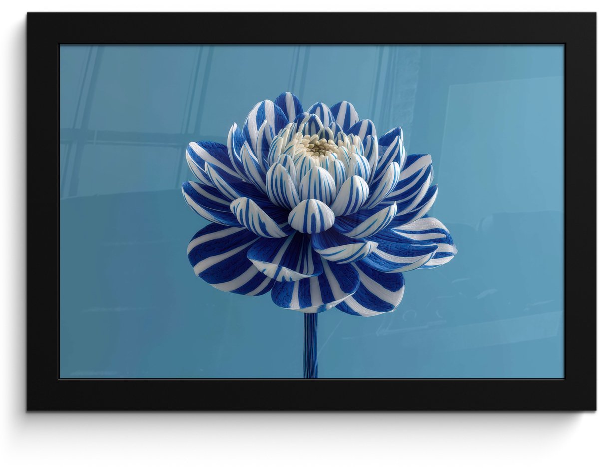 FrameYourWall Poster in lijst - Fotolijst 30x20 cm - Posters - Bloem - Blauw - Bloemblaadjes - Streepjes - Posterlijst zwart - Decoratie - Wanddecoratie woonkamer - Muurdecoratie slaapkamer