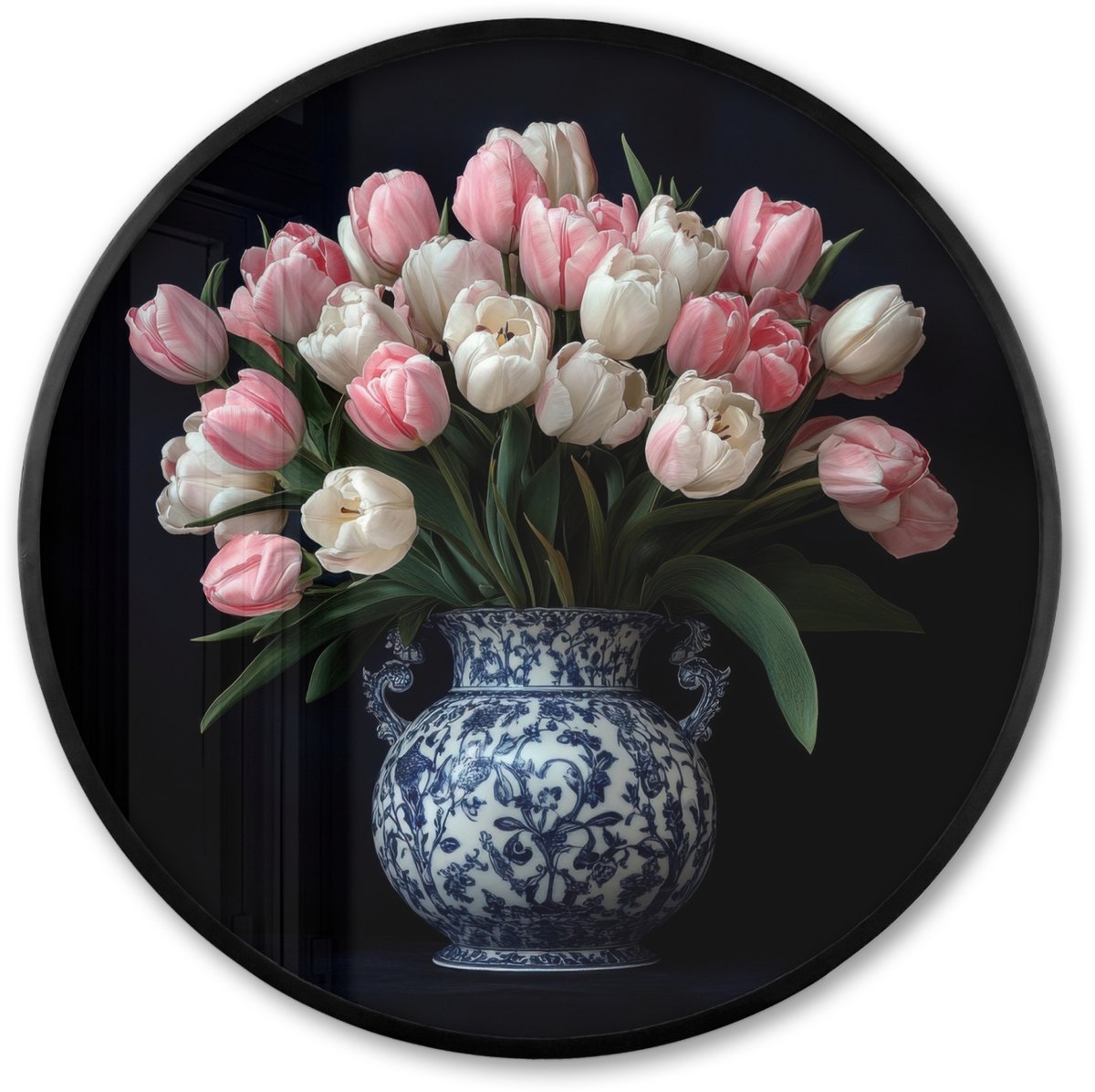 FrameYourWall Poster in lijst Rond - Fotolijst 60x60 cm - Posters - Bloemen - Roze - Tulpen - Vaas - Ronde posterlijst zwart - Decoratie - Wanddecoratie woonkamer - Muurdecoratie slaapkamer Tulpen - Roze
