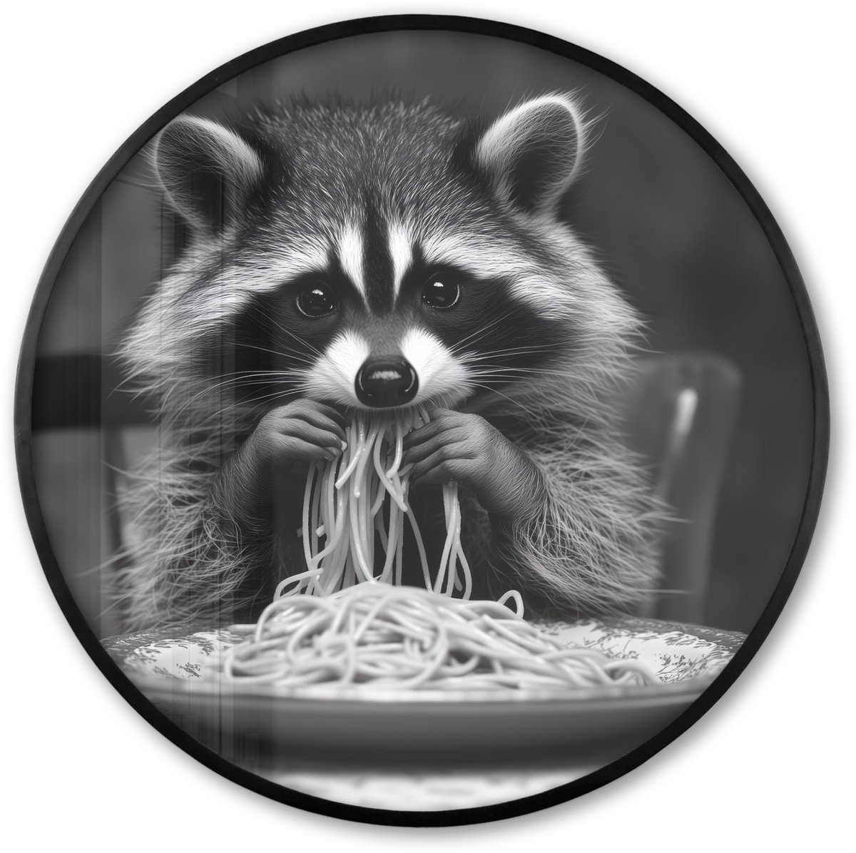 FrameYourWall Poster in lijst Rond - Fotolijst 60x60 cm - Posters - Wasbeer - Cute - Pasta - Tafelkleed - Zwart - Wit - Ronde posterlijst zwart - Decoratie - Wanddecoratie woonkamer - Muurdecoratie slaapkamer