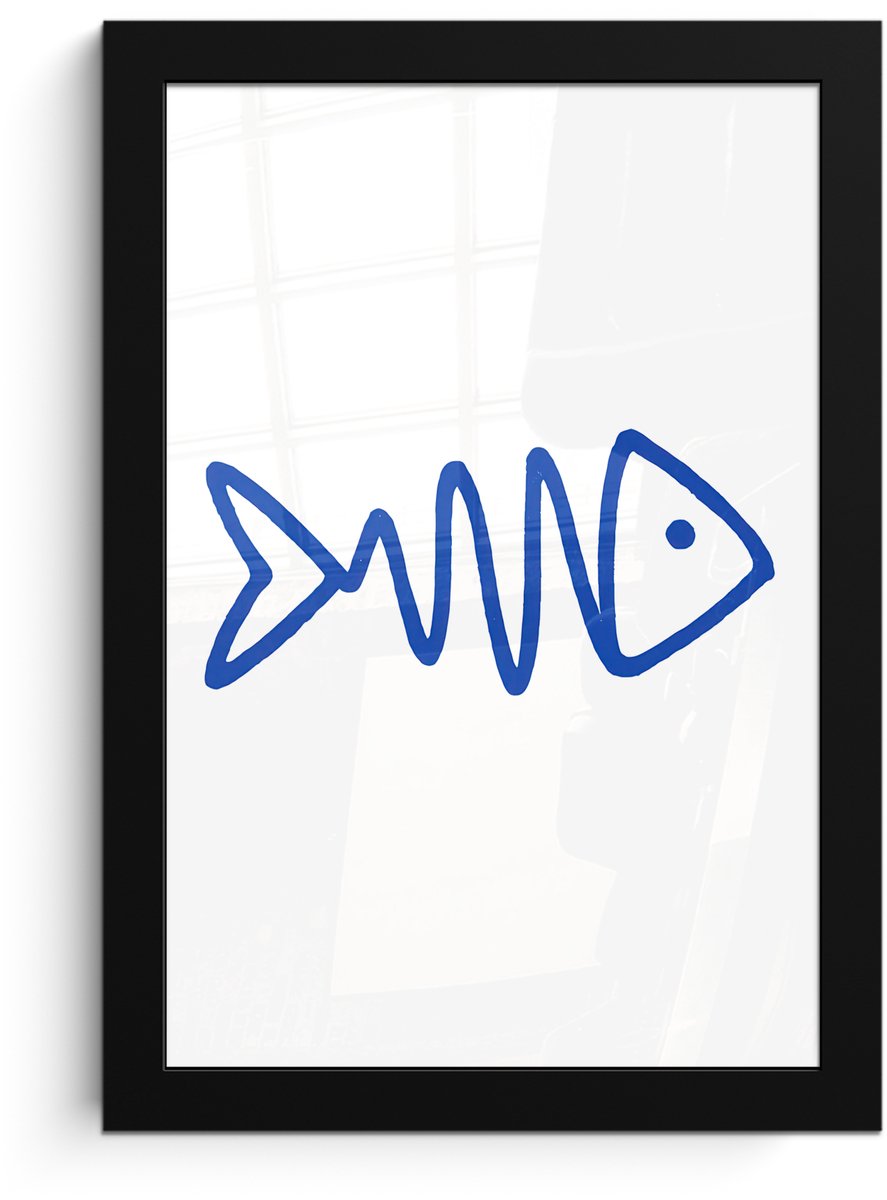 FrameYourWall Poster in lijst - Fotolijst 20x30 cm - Posters - Vis - Minimalistisch - Blauw - Lijn - Posterlijst zwart - Decoratie - Wanddecoratie woonkamer - Muurdecoratie slaapkamer Vis - Lijnen