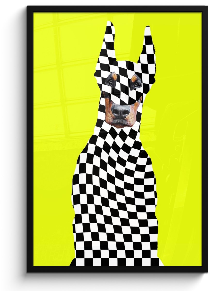 FrameYourWall Poster in lijst - Fotolijst 60x90 cm - Posters - Dobermann - Geblokt - Geel - Posterlijst zwart - Decoratie - Wanddecoratie woonkamer - Muurdecoratie slaapkamer Hond - Geblokt