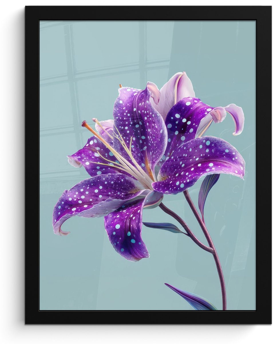 FrameYourWall Poster in lijst - Fotolijst 30x40 cm - Posters - Lelie - Bloem - Paars - Stippen - Posterlijst zwart - Decoratie - Wanddecoratie woonkamer - Muurdecoratie slaapkamer
